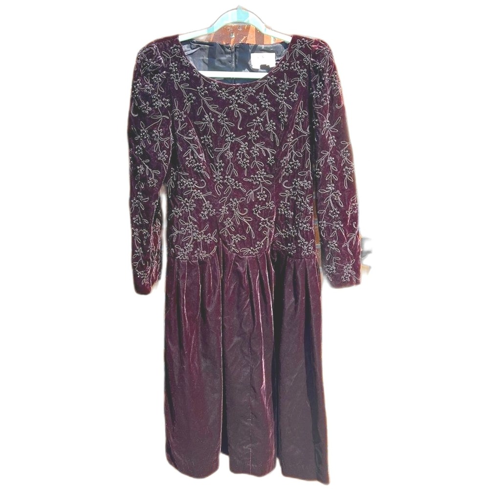 Talbots Petites‎ Beaded Floral Velvet Dress Long Sleeve Midi Wine Red Size 12